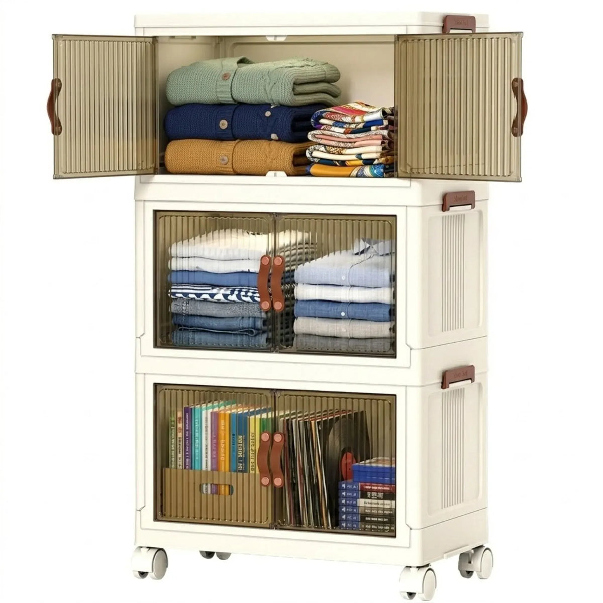3 Tier Stackable Storage Cabinet with Wheels and Semi-Transparent Doors - White