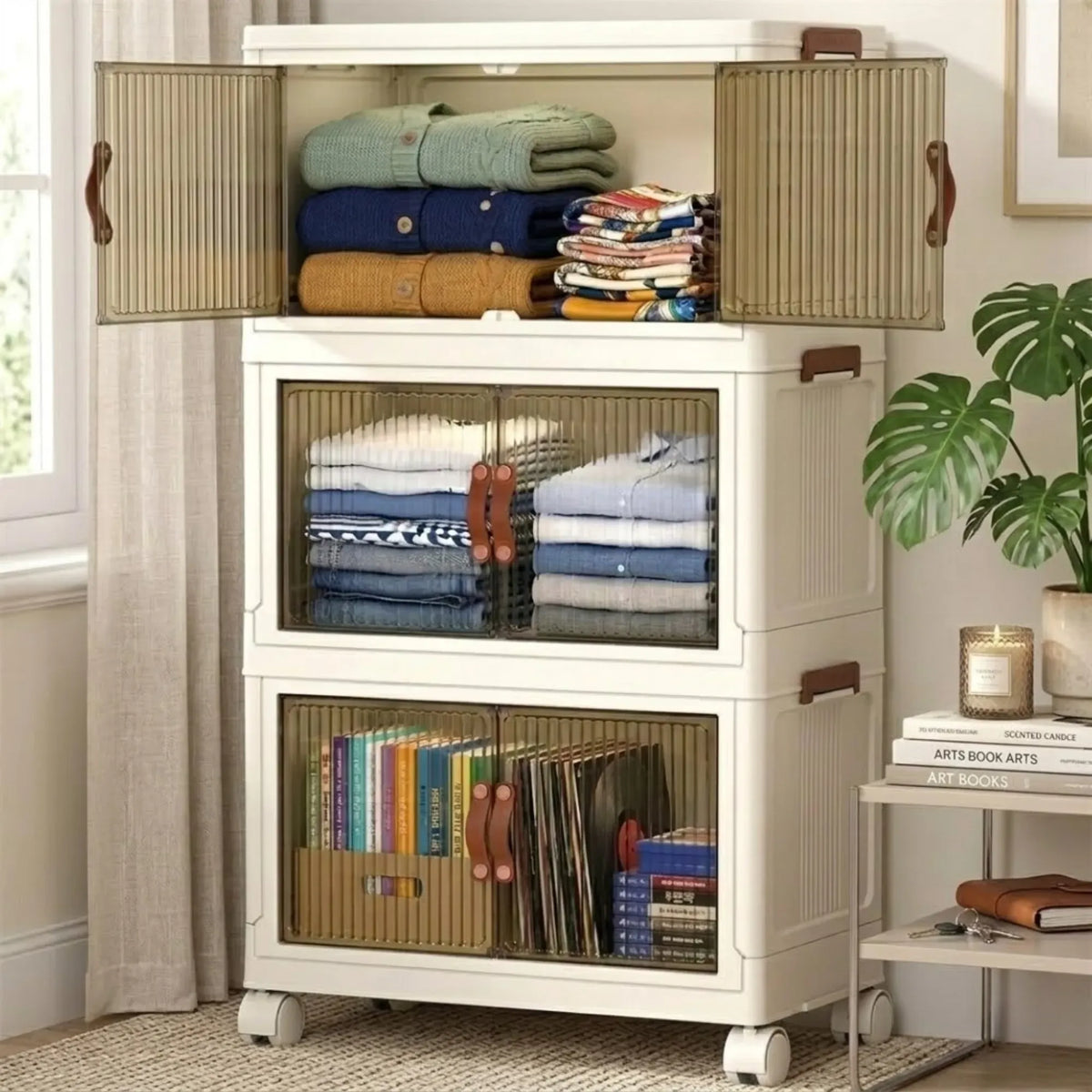 3 Tier Stackable Storage Cabinet with Wheels and Semi-Transparent Doors - White