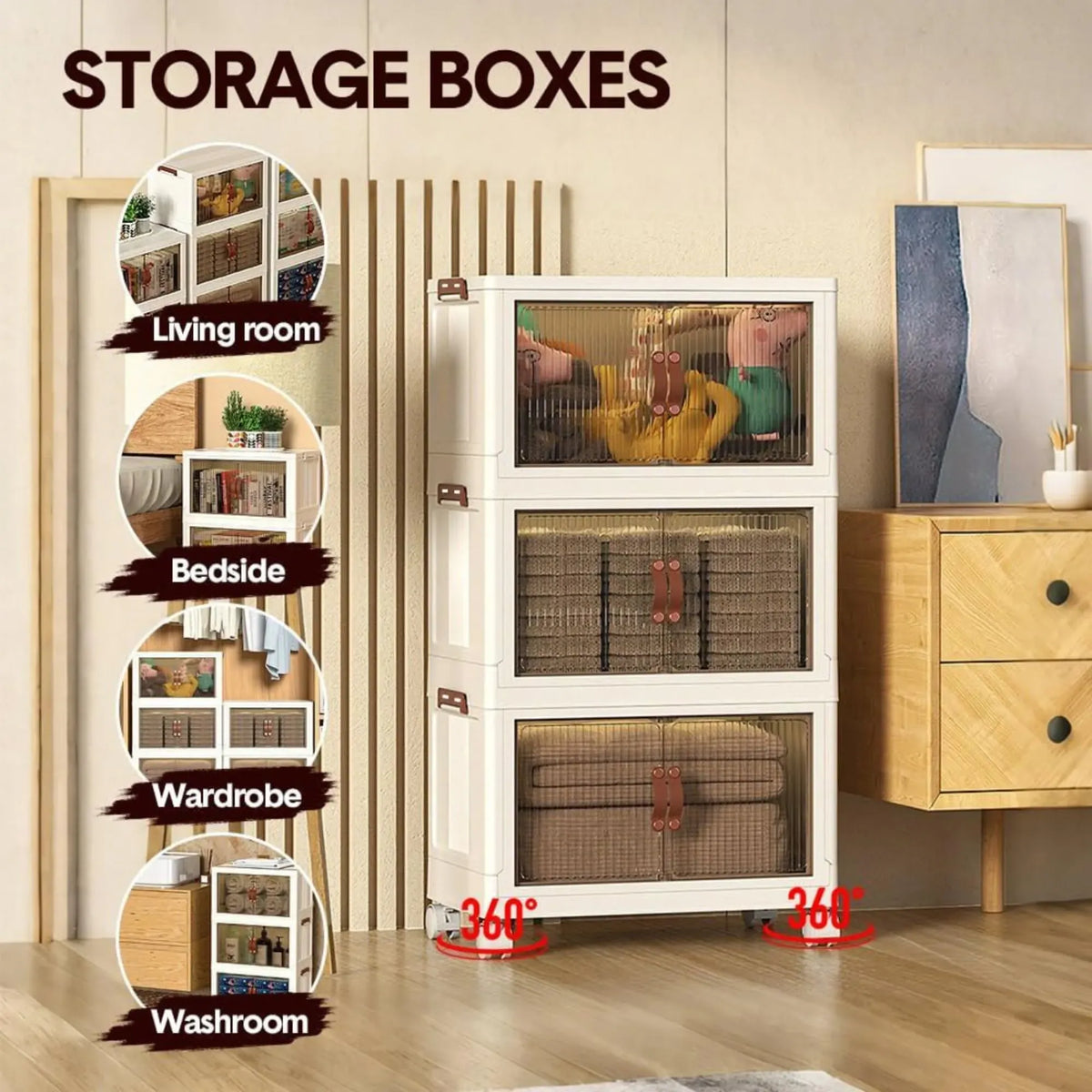 3 Tier Stackable Storage Cabinet with Wheels and Semi-Transparent Doors - White