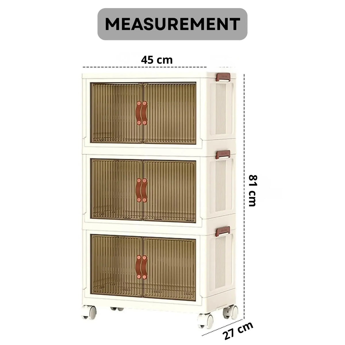 3 Tier Stackable Storage Cabinet with Wheels and Semi-Transparent Doors - White