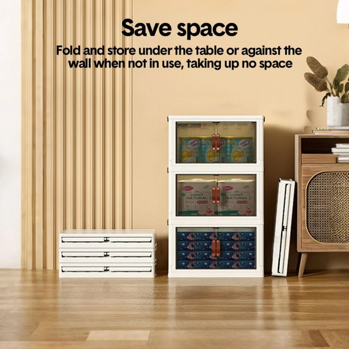 3 Tier Stackable Storage Cabinet with Wheels and Semi-Transparent Doors - White