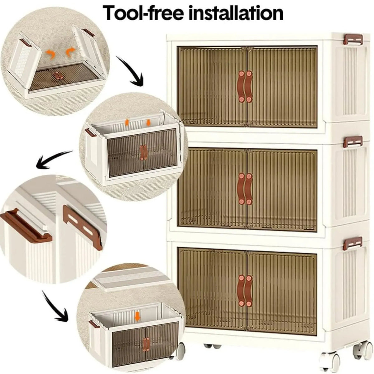 3 Tier Stackable Storage Cabinet with Wheels and Semi-Transparent Doors - White