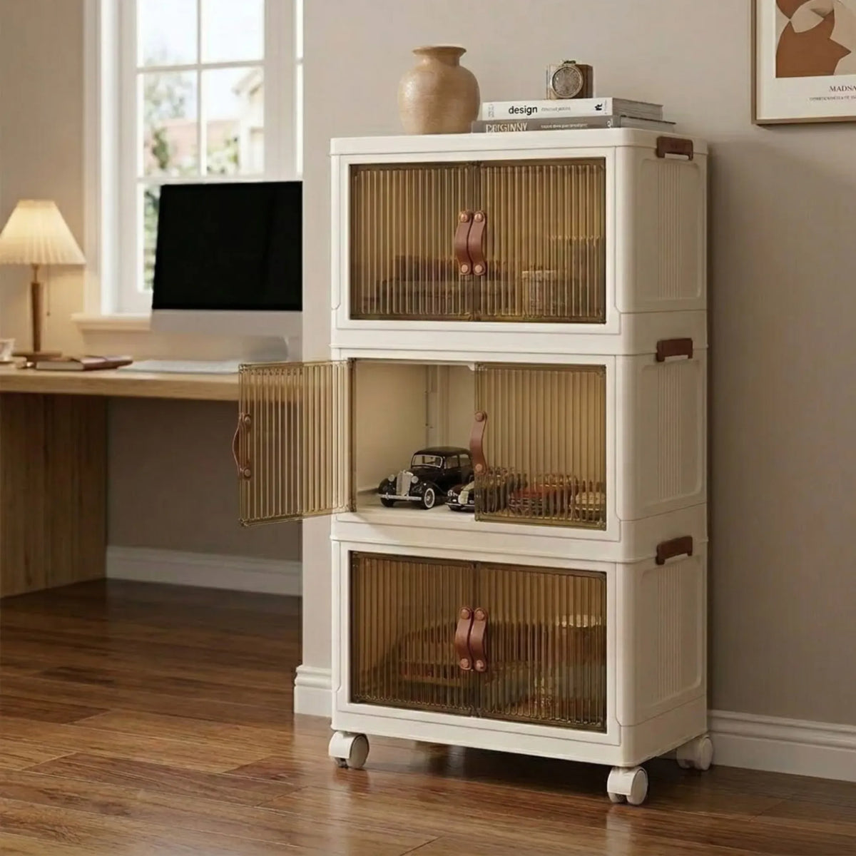 3 Tier Stackable Storage Cabinet with Wheels and Semi-Transparent Doors - White
