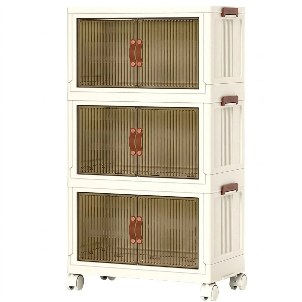 3 Tier Stackable Storage Cabinet with Wheels and Semi-Transparent Doors - White