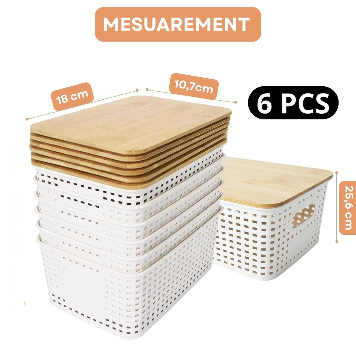 Storage Bins with Bamboo Lids 6 Pack - White