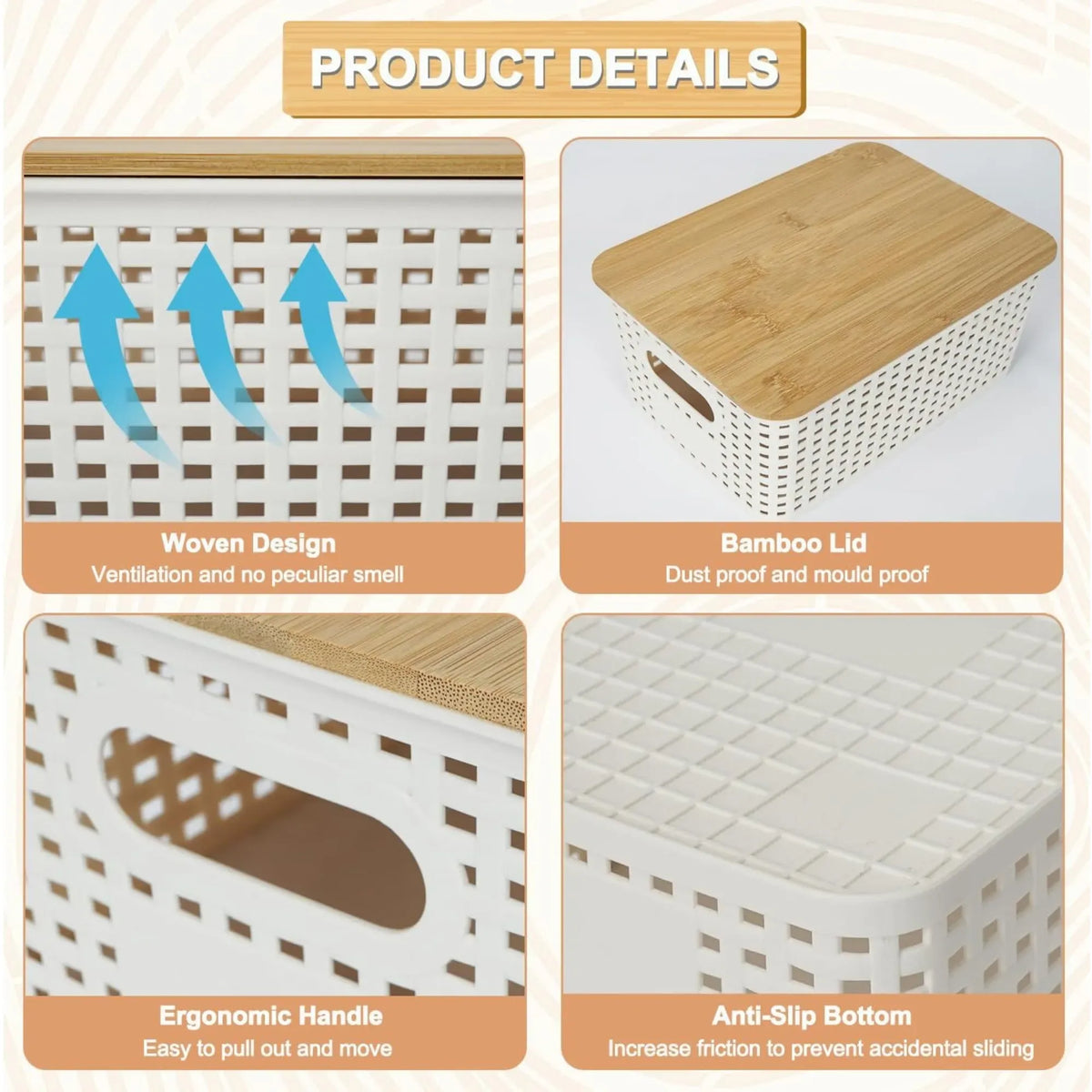 Storage Bins with Bamboo Lids 6 Pack - White
