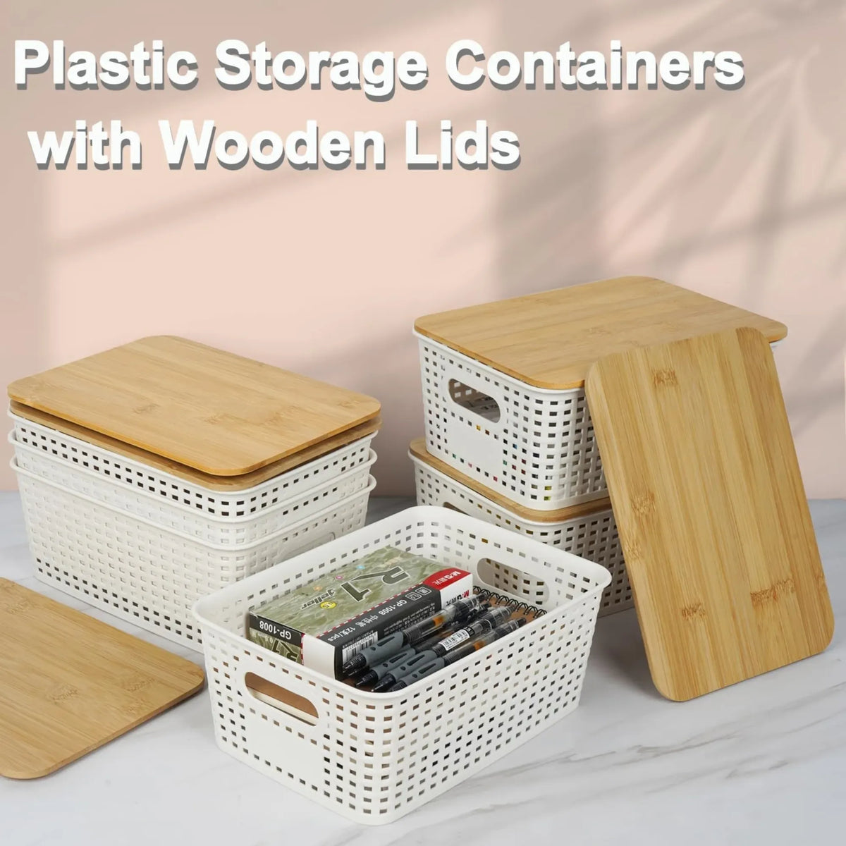 Storage Bins with Bamboo Lids 6 Pack - White