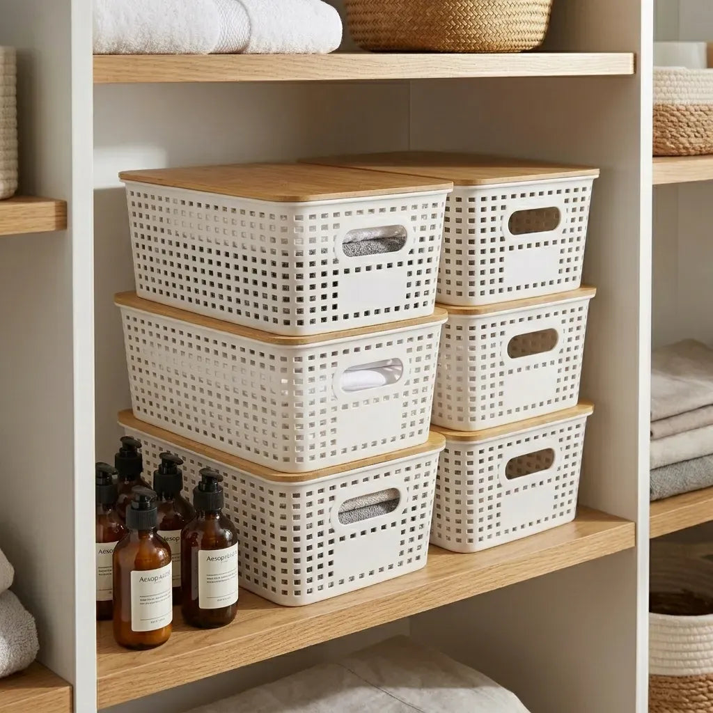 Storage Bins with Bamboo Lids 6 Pack - White