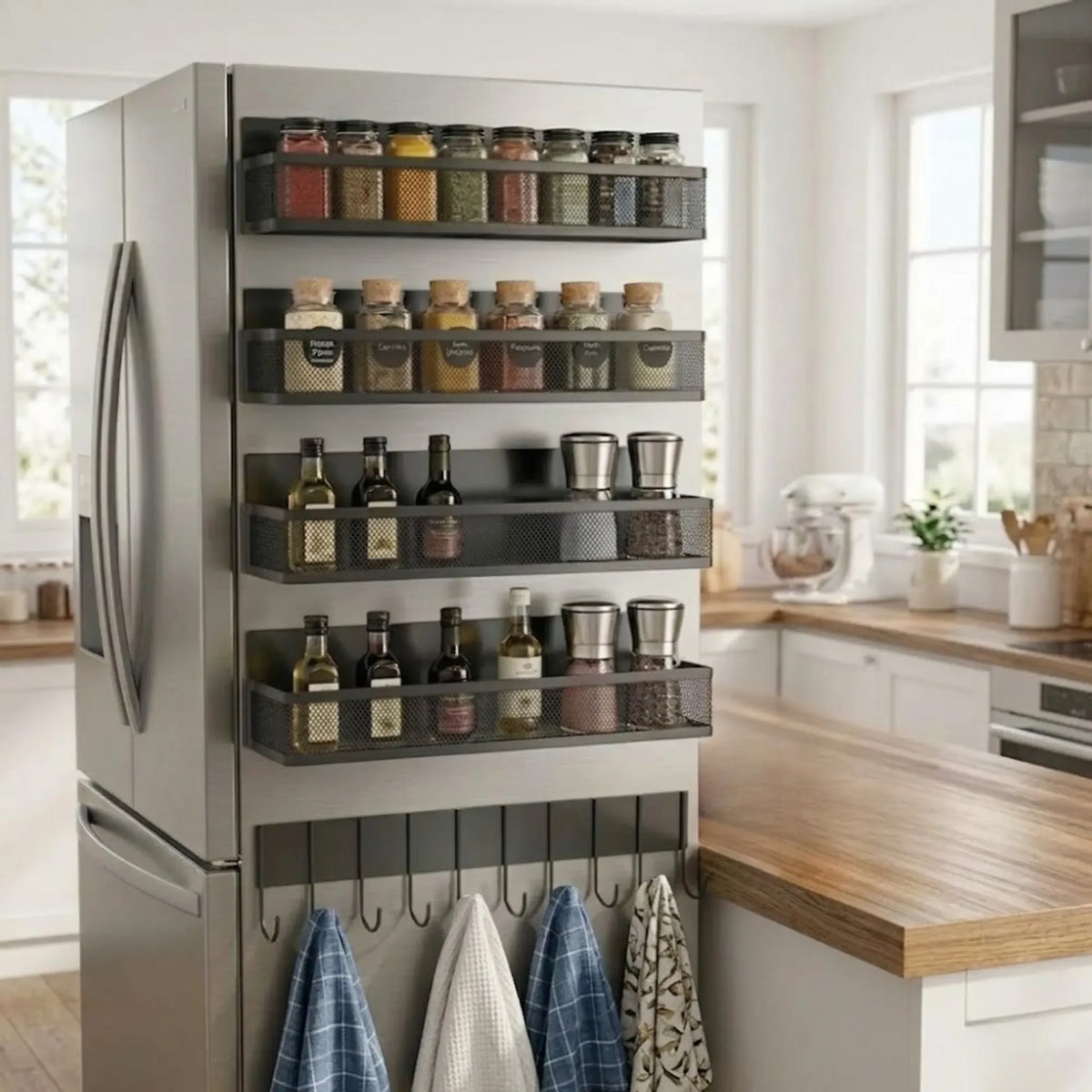 5 Pack Magnetic Spice Rack with Hook Bar for Fridge Kitchen - Black
