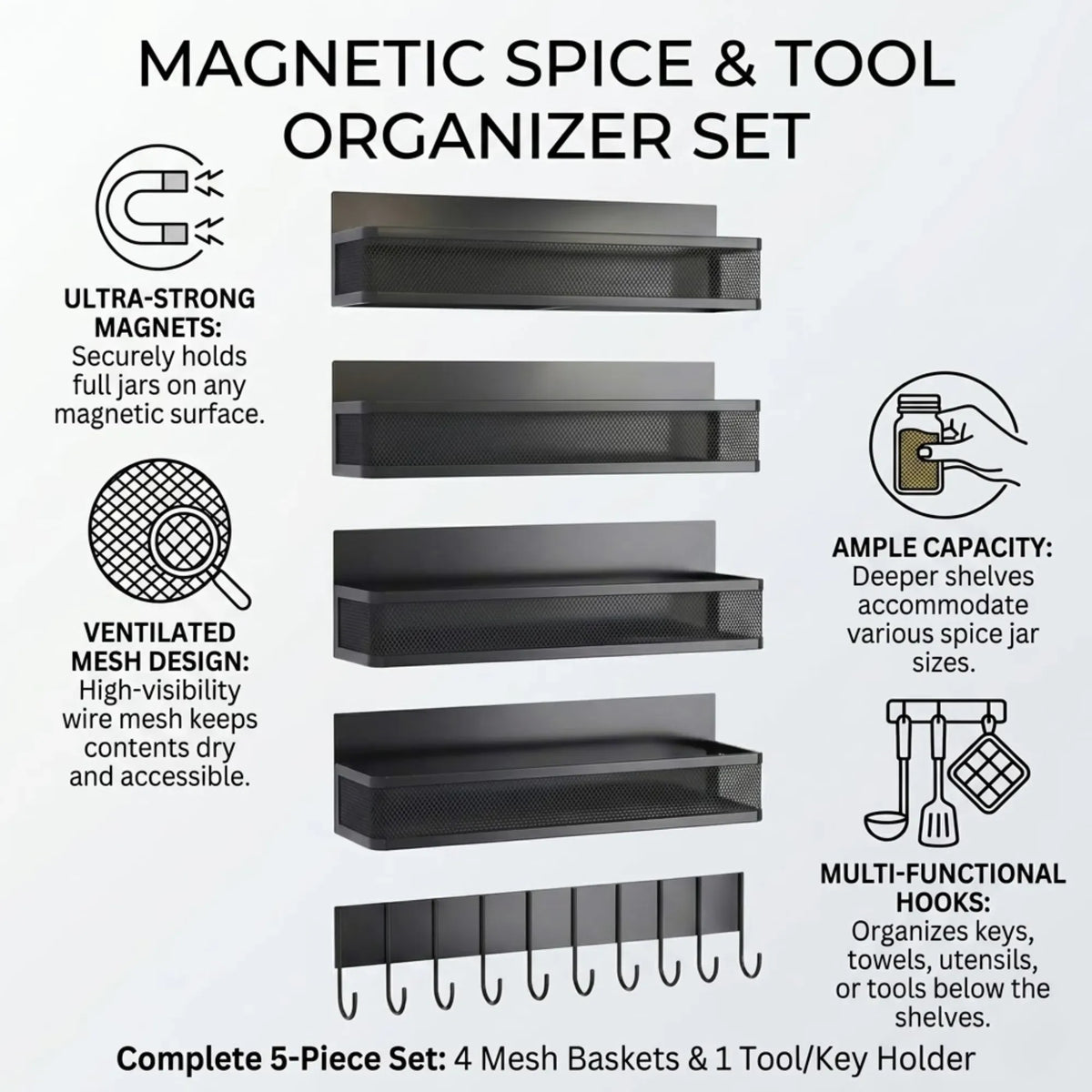 5 Pack Magnetic Spice Rack with Hook Bar for Fridge Kitchen - Black