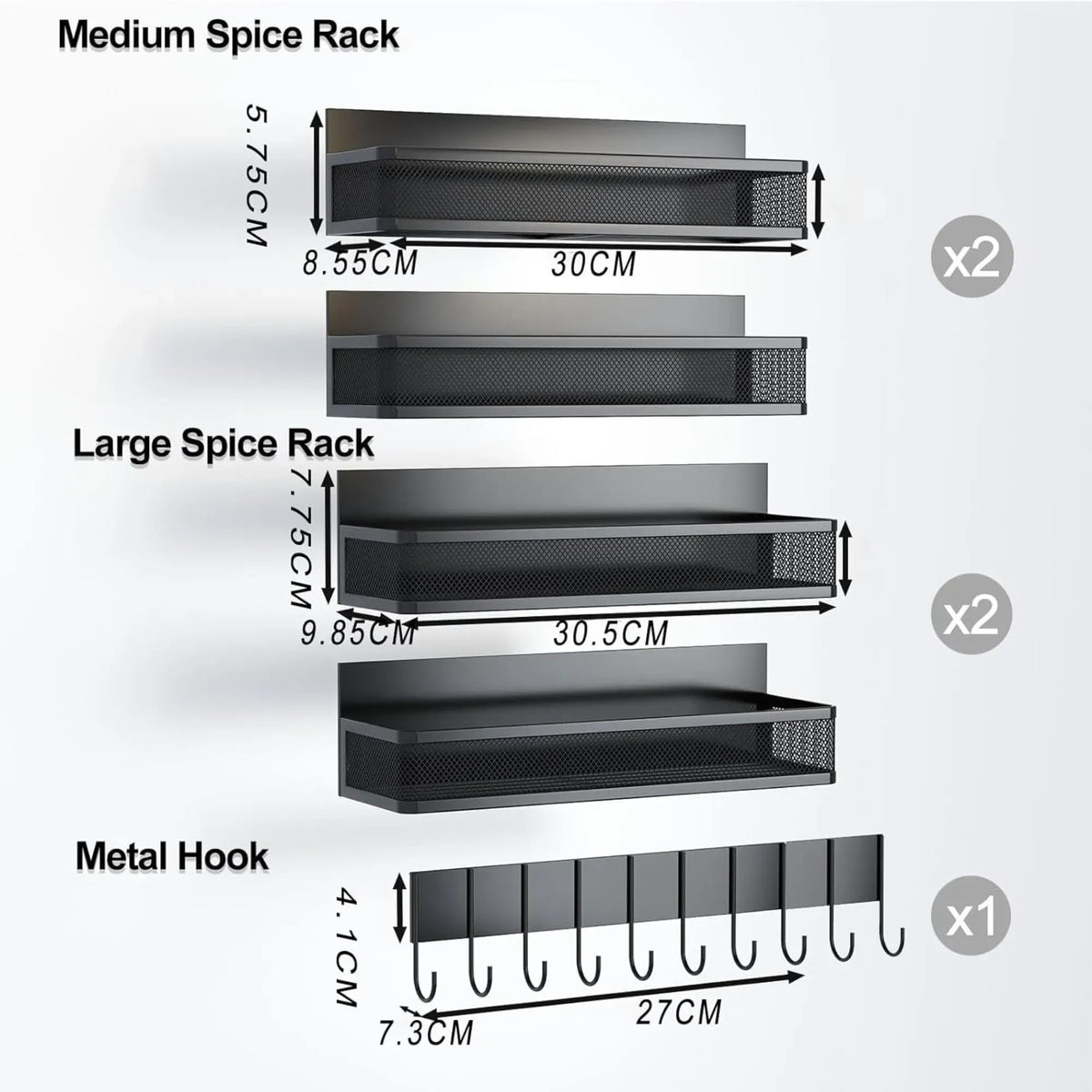 5 Pack Magnetic Spice Rack with Hook Bar for Fridge Kitchen - Black
