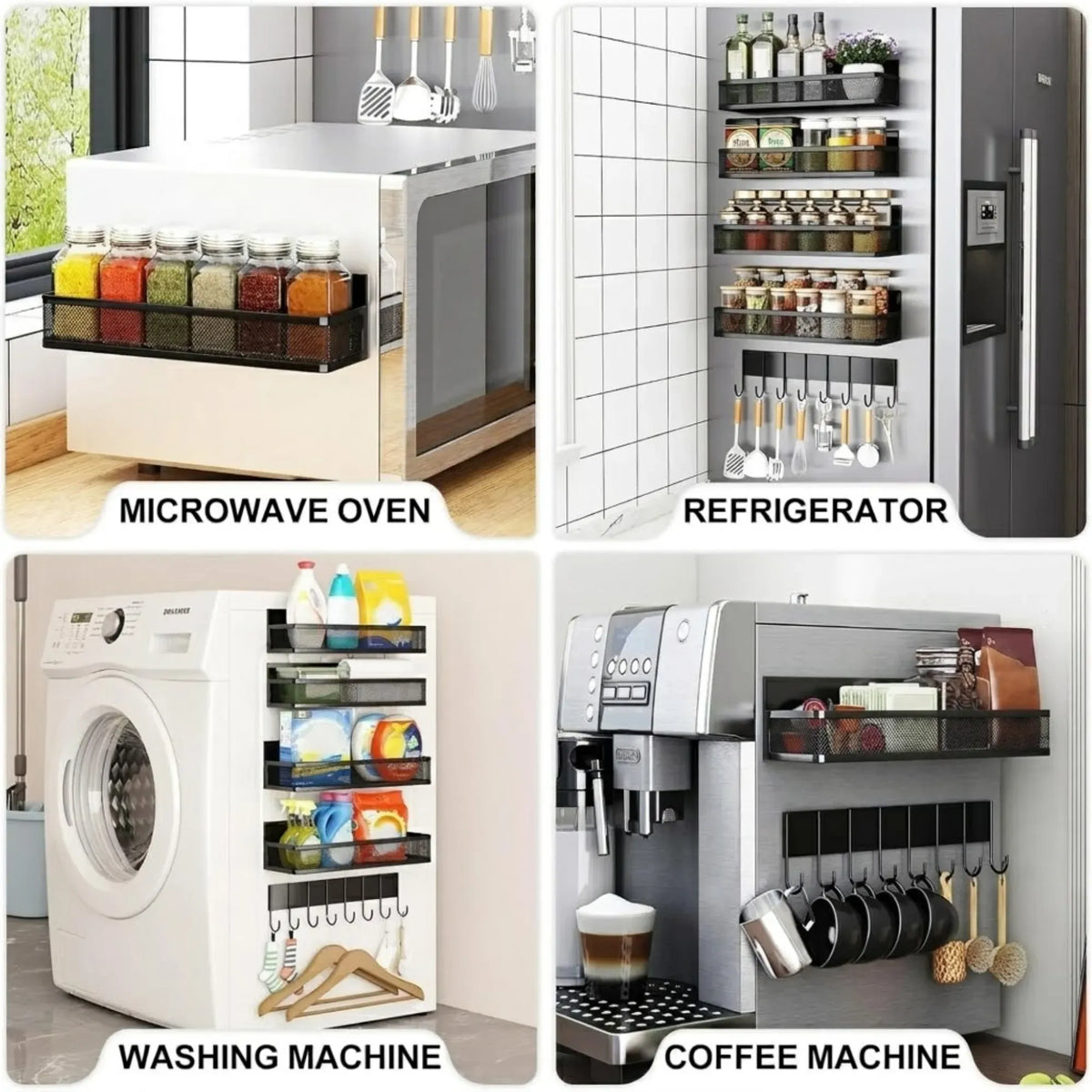 5 Pack Magnetic Spice Rack with Hook Bar for Fridge Kitchen - Black