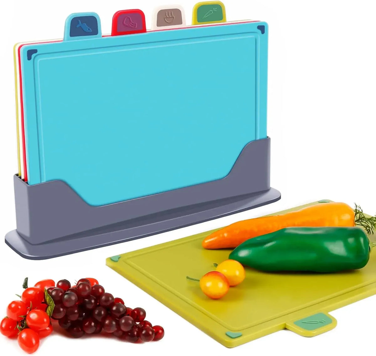 4-Piece Colour-Coded Cutting Board Set with Stand for Kitchen Organisation - Multi Colour