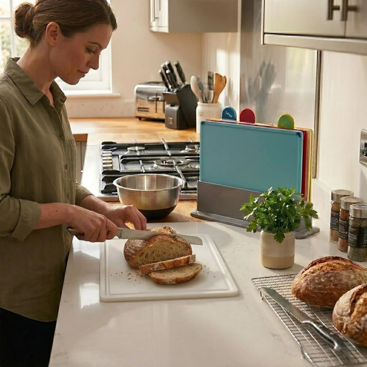 4-Piece Colour-Coded Cutting Board Set with Stand for Kitchen Organisation - Multi Colour