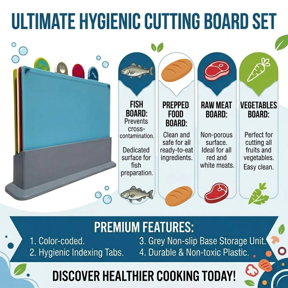 4-Piece Colour-Coded Cutting Board Set with Stand for Kitchen Organisation - Multi Colour