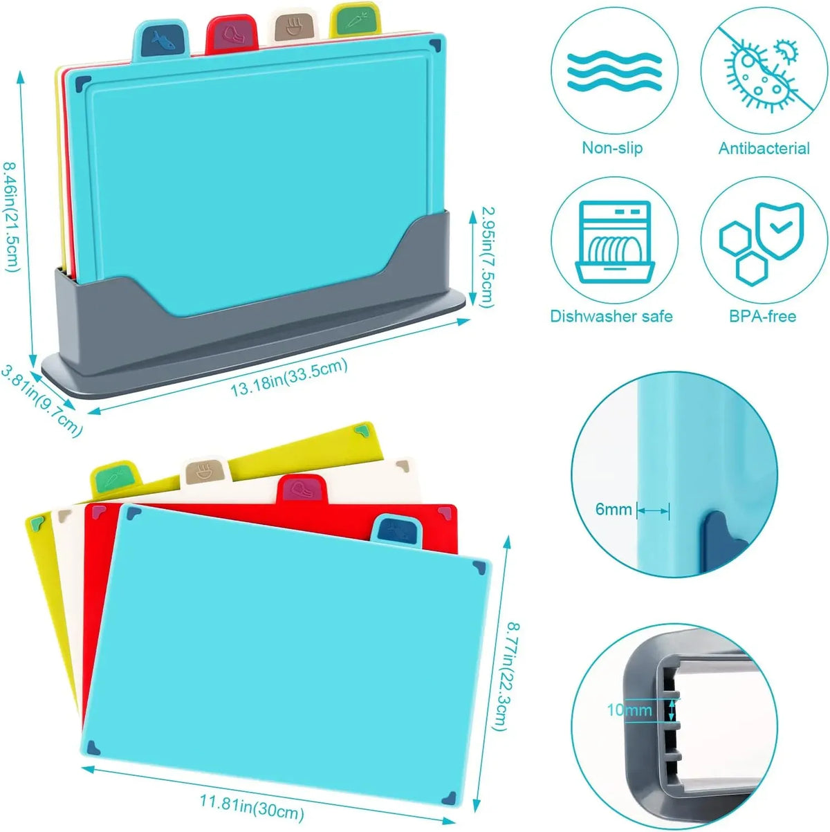 4-Piece Colour-Coded Cutting Board Set with Stand for Kitchen Organisation - Multi Colour