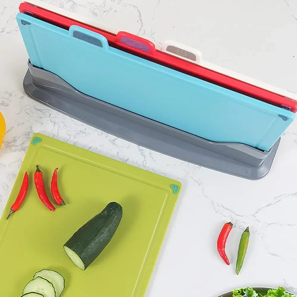 4-Piece Colour-Coded Cutting Board Set with Stand for Kitchen Organisation - Multi Colour