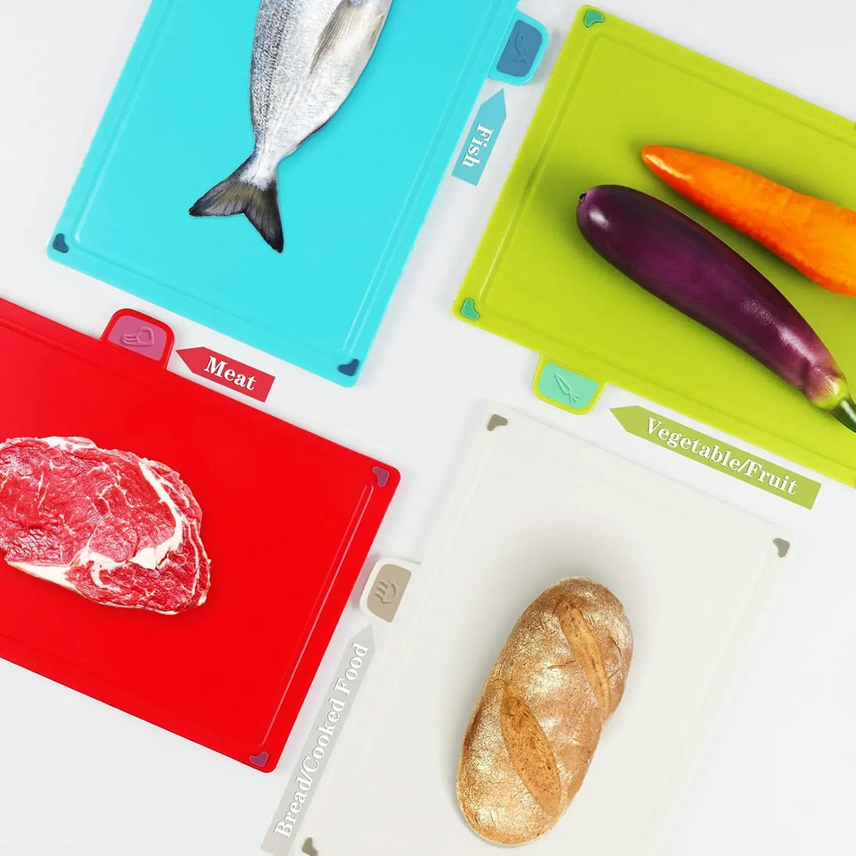 4-Piece Colour-Coded Cutting Board Set with Stand for Kitchen Organisation - Multi Colour