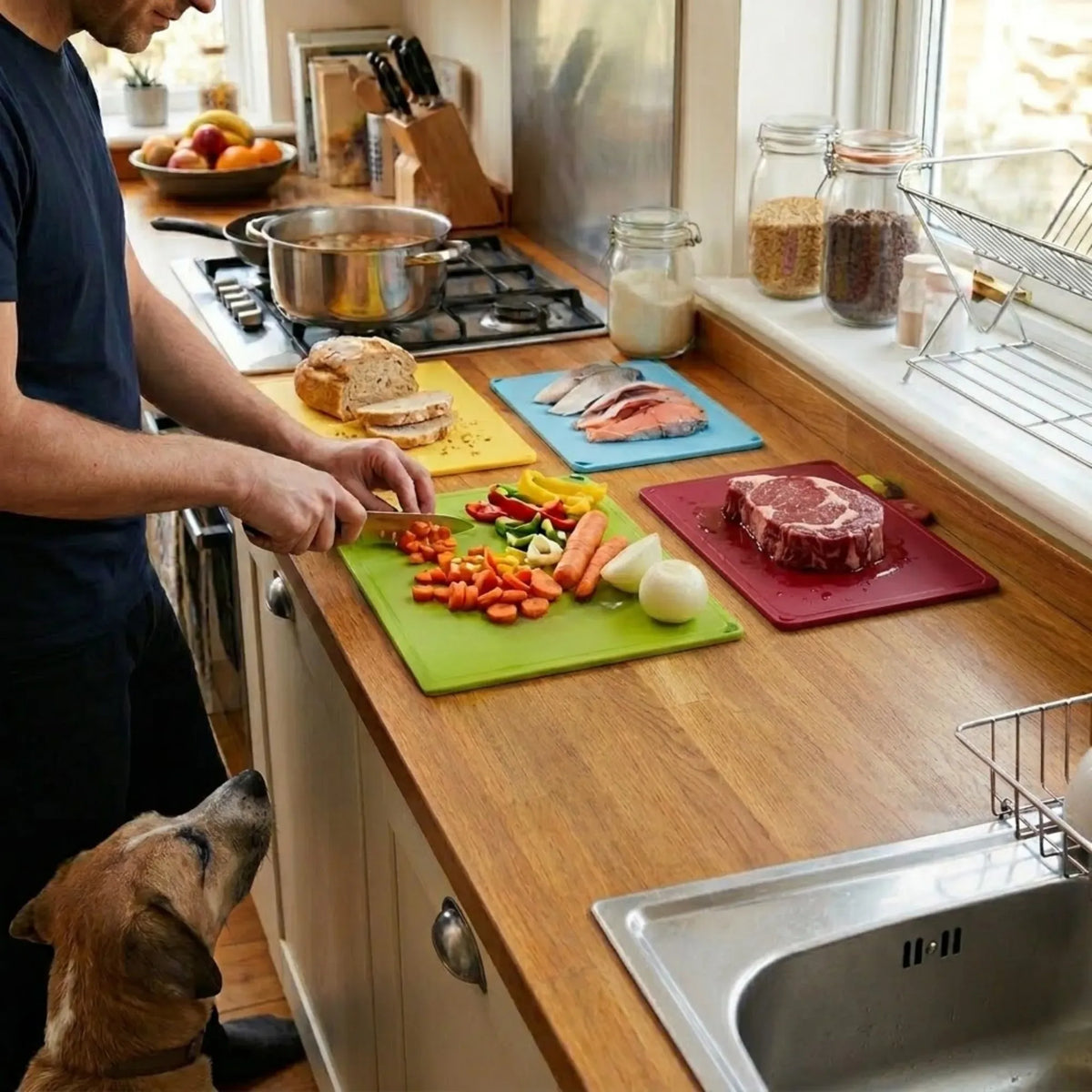 4-Piece Colour-Coded Cutting Board Set with Stand for Kitchen Organisation - Multi Colour