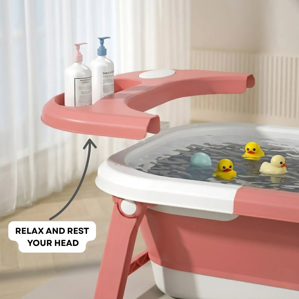 Foldable Baby Bath Tub with Collapsible Frame and Built-in Shelf - Pink