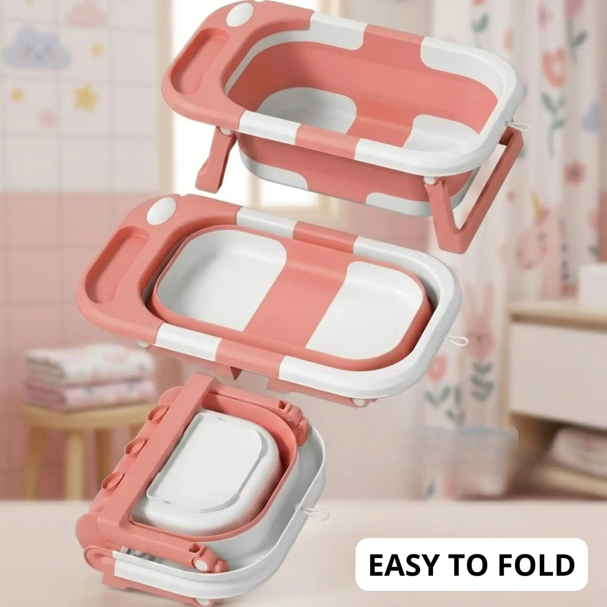 Foldable Baby Bath Tub with Collapsible Frame and Built-in Shelf - Pink