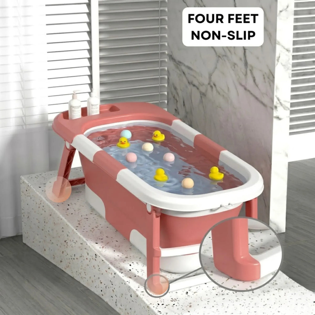 Foldable Baby Bath Tub with Collapsible Frame and Built-in Shelf - Pink