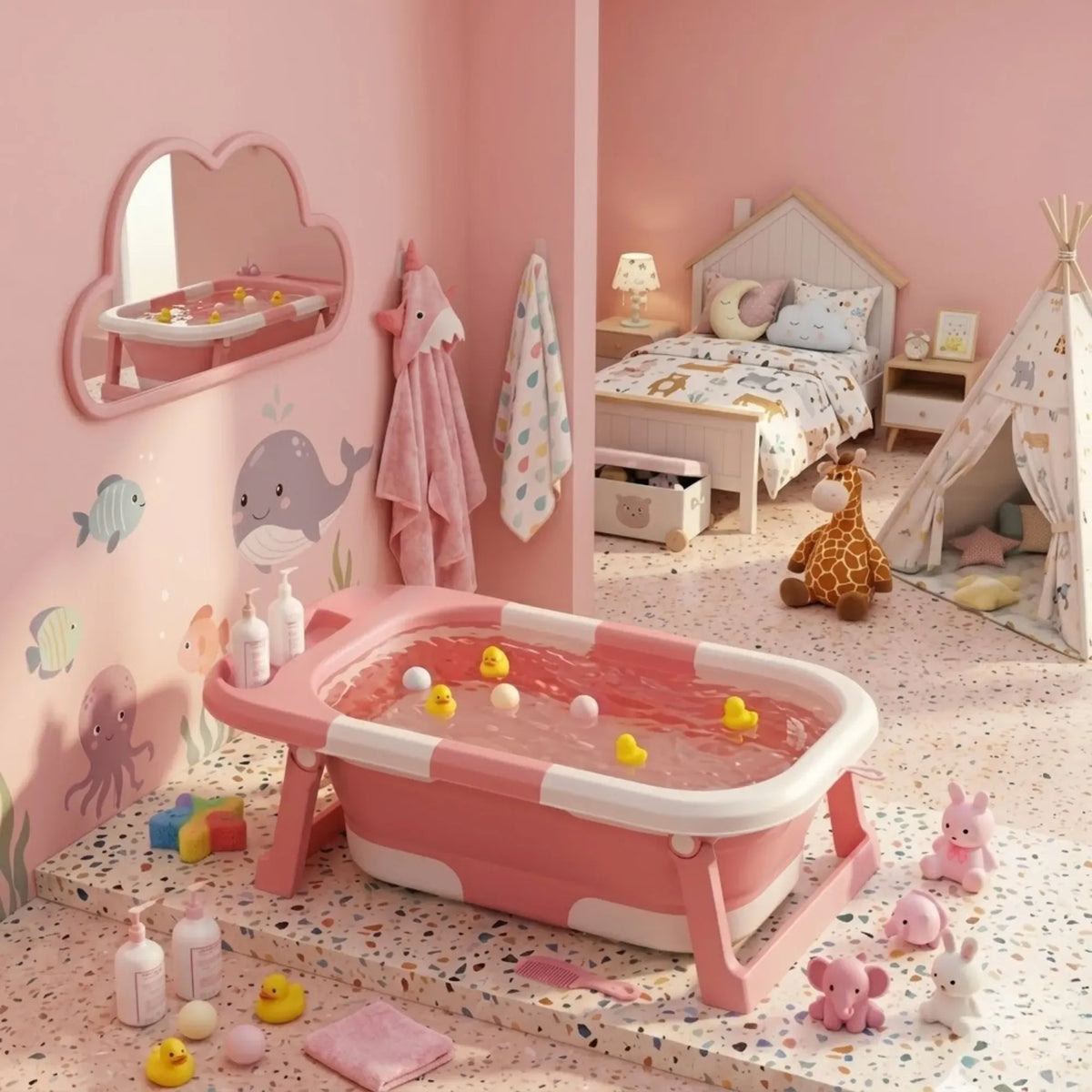 Foldable Baby Bath Tub with Collapsible Frame and Built-in Shelf - Pink