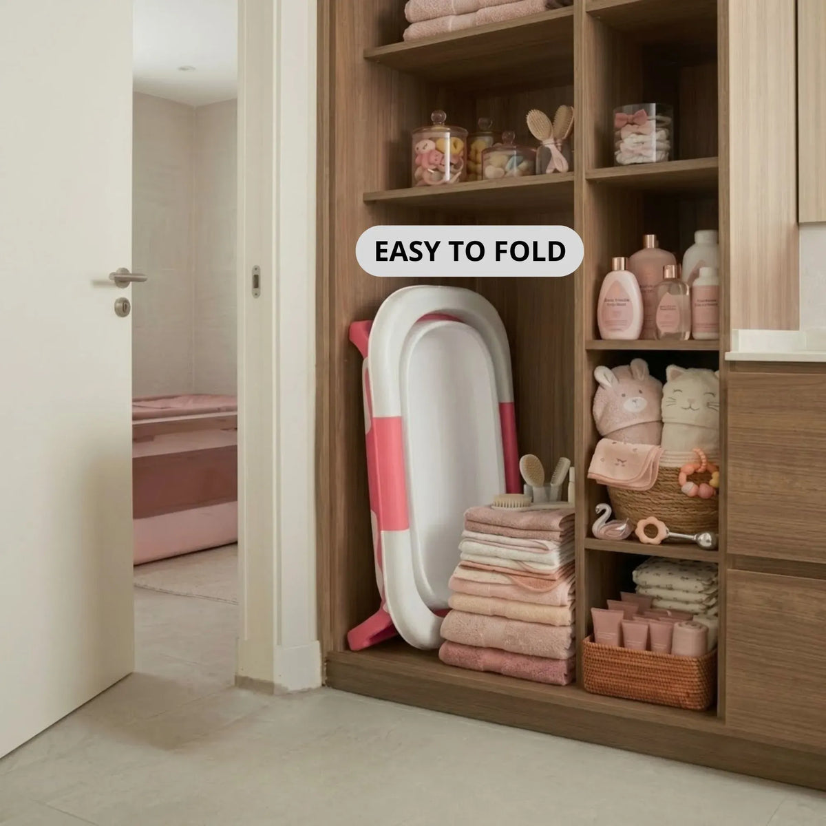 Foldable Baby Bath Tub with Collapsible Frame and Built-in Shelf - Pink