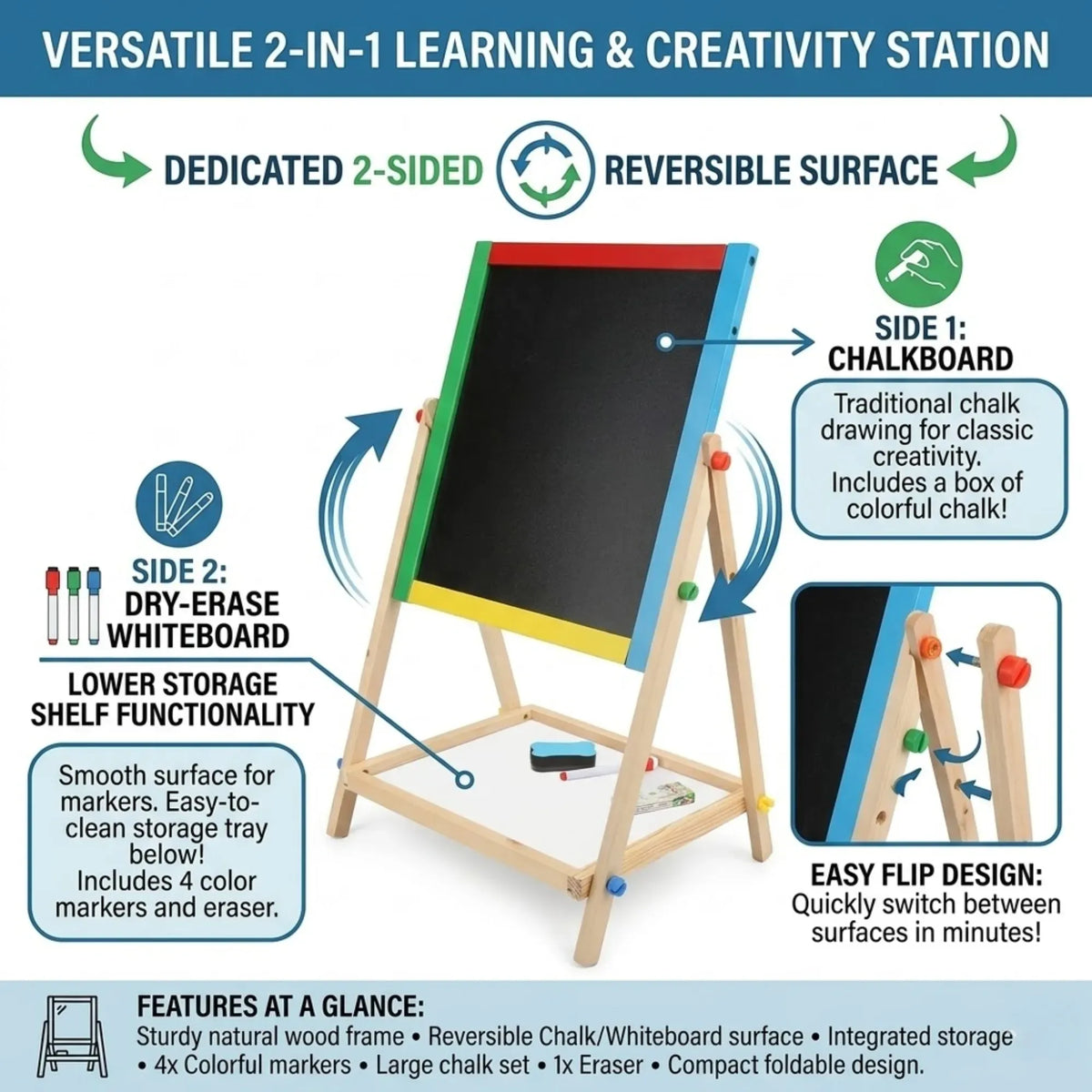 2-in-1 Kids Art Easel Double-Sided Chalkboard and Whiteboard - Natural