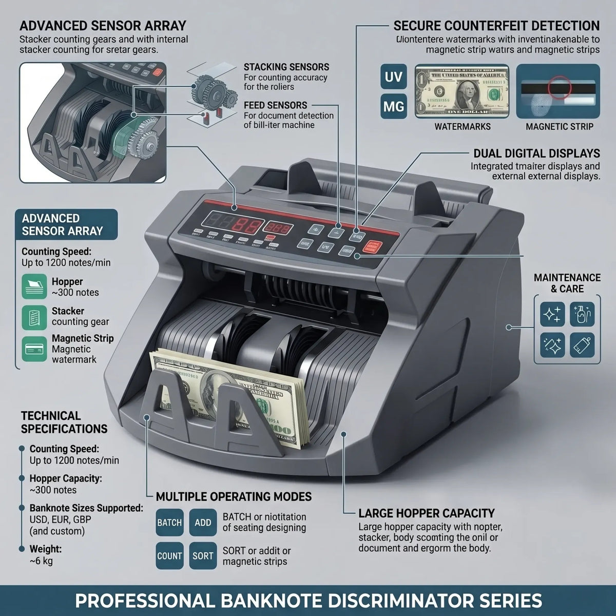 Money Counting Machine with UV Detection and Bill Counter - Grey