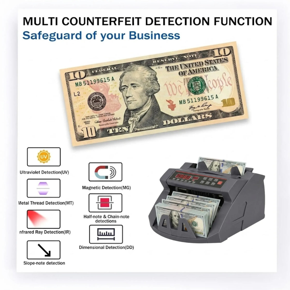 Money Counting Machine with UV Detection and Bill Counter - Grey