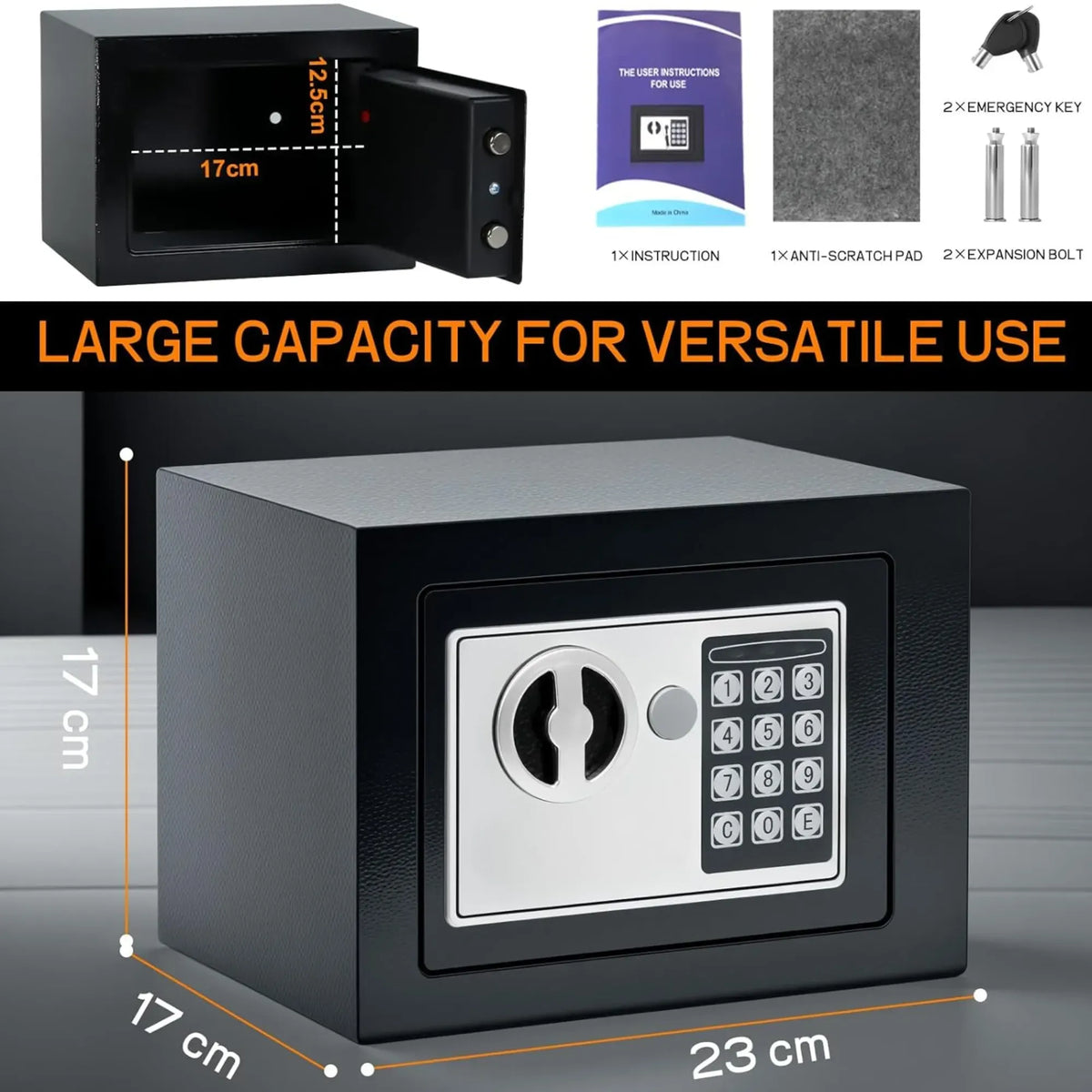 Electronic Safe Box with Keypad Lock and Emergency Keys for Cash Storage - Black