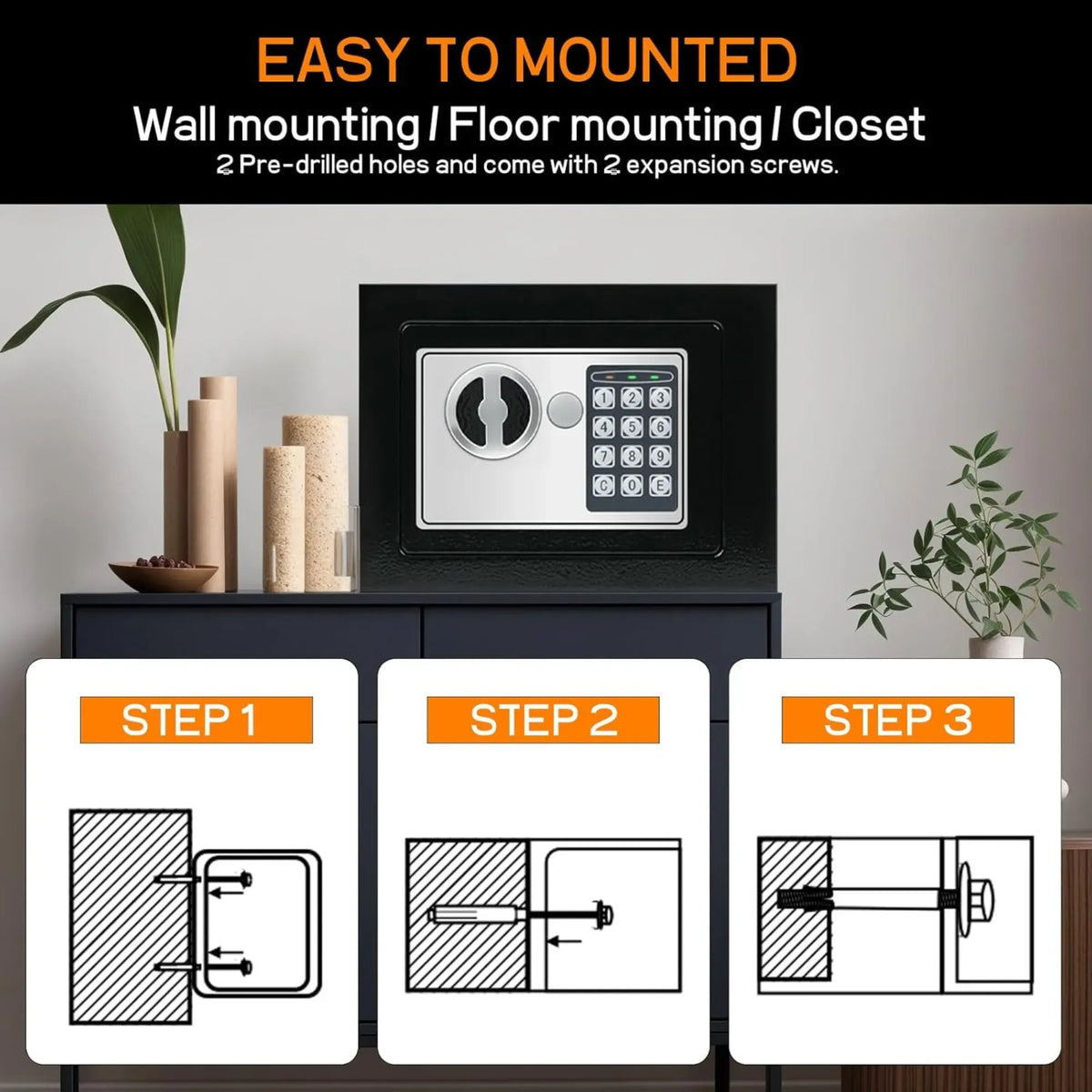 Electronic Safe Box with Keypad Lock and Emergency Keys for Cash Storage - Black