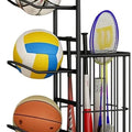 3-Tier Ball Storage Rack with Side Basket Sports Organiser - Black
