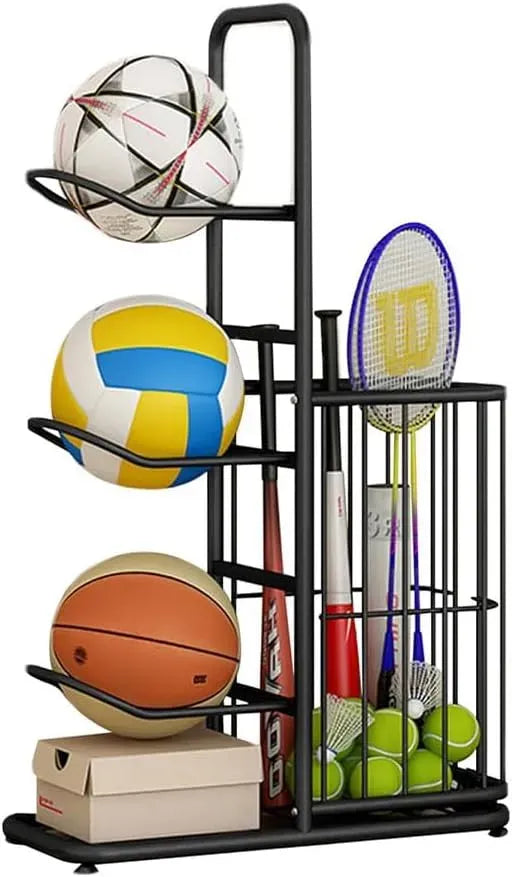 3-Tier Ball Storage Rack with Side Basket Sports Organiser - Black