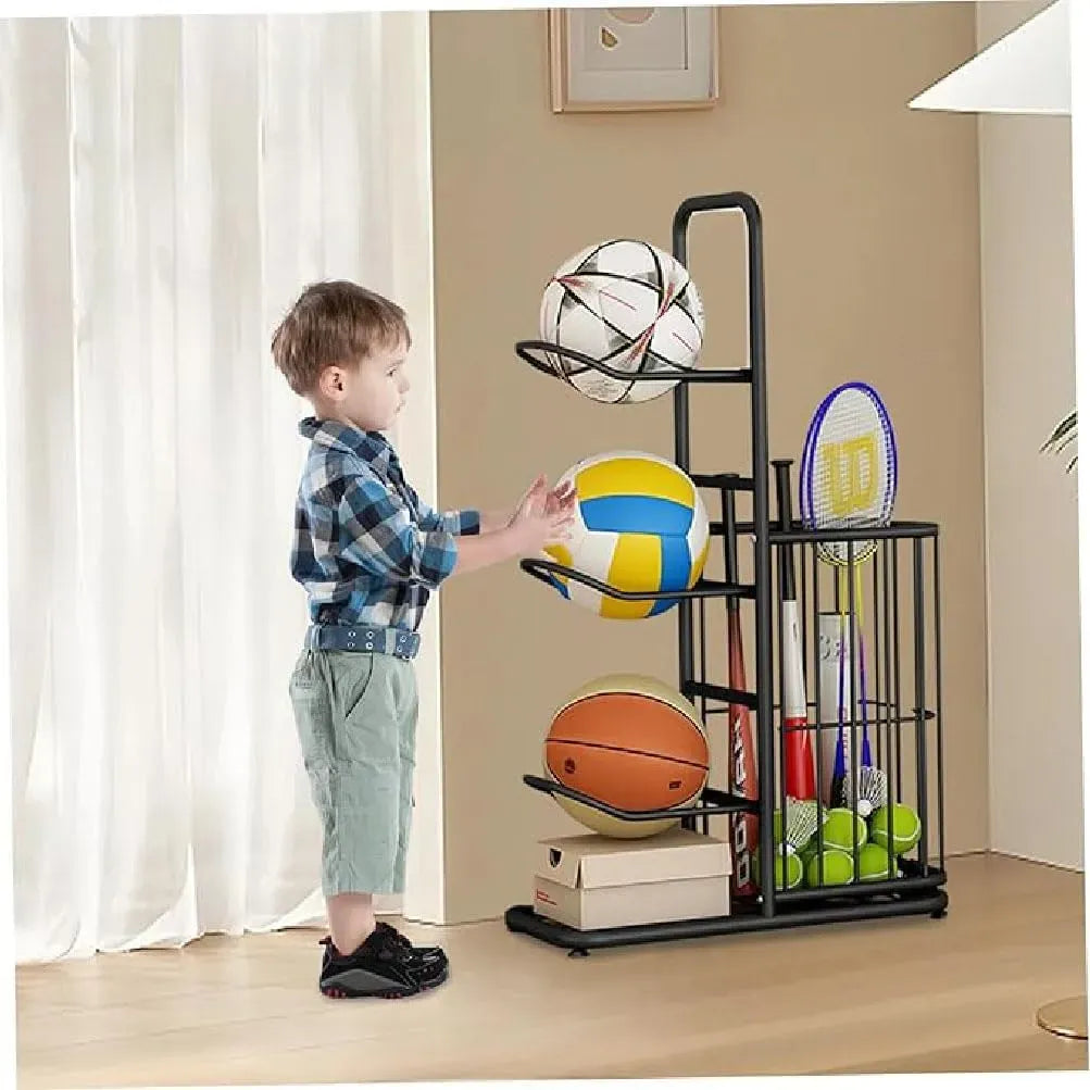 3-Tier Ball Storage Rack with Side Basket Sports Organiser - Black