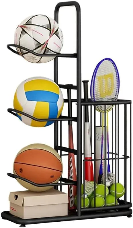 3-Tier Ball Storage Rack with Side Basket Sports Organiser - Black