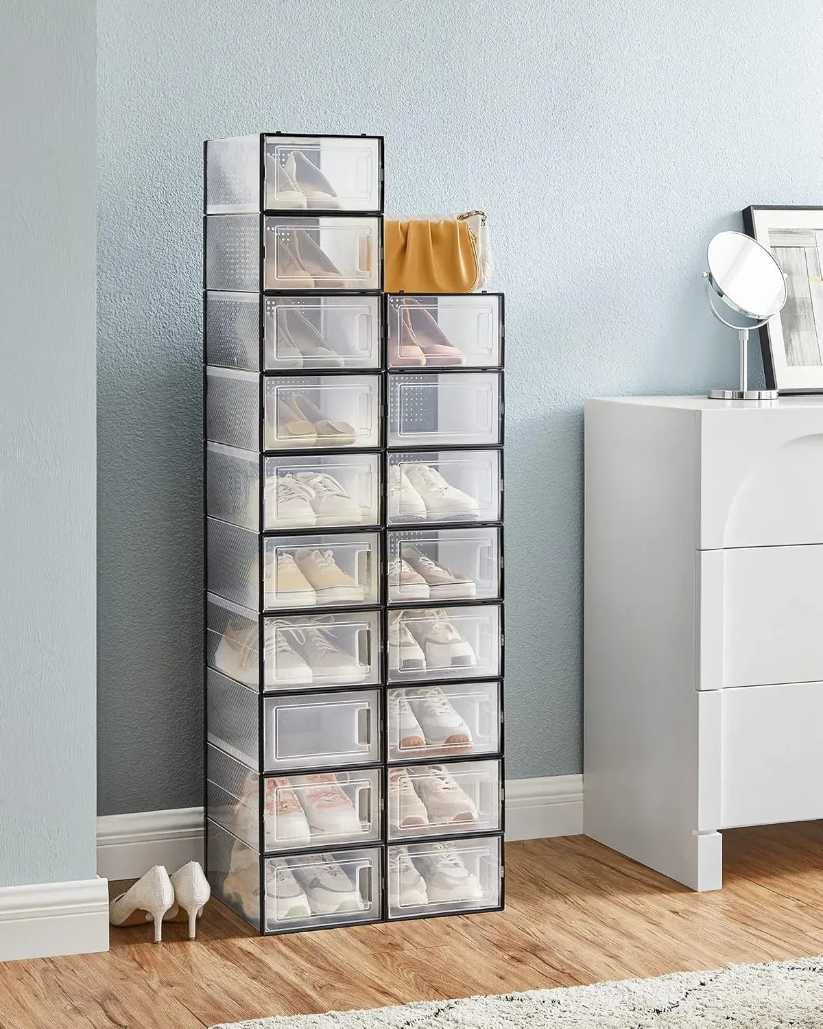 18-Pack Clear Stackable Shoe Storage Boxes with Drop-Front - Black