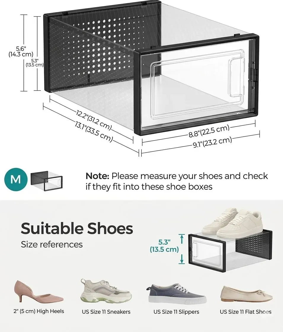 18-Pack Clear Stackable Shoe Storage Boxes with Drop-Front - Black
