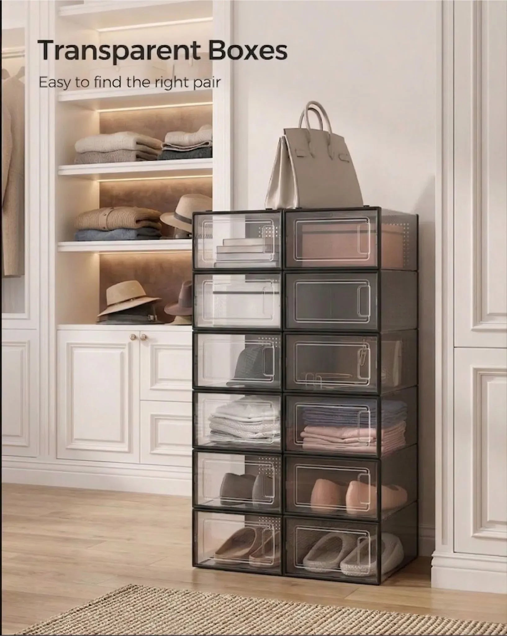 18-Pack Clear Stackable Shoe Storage Boxes with Drop-Front - Black