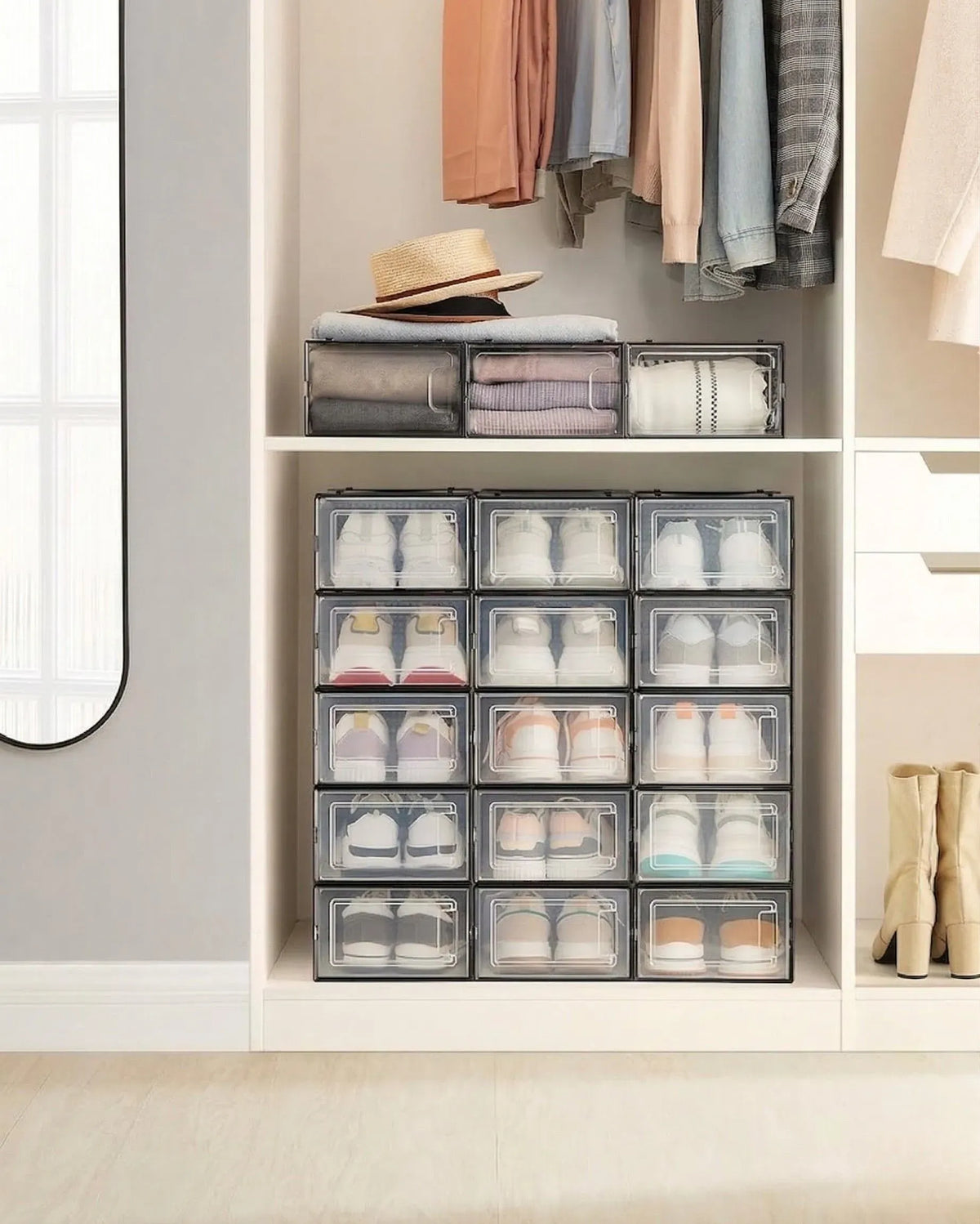 18-Pack Clear Stackable Shoe Storage Boxes with Drop-Front - Black