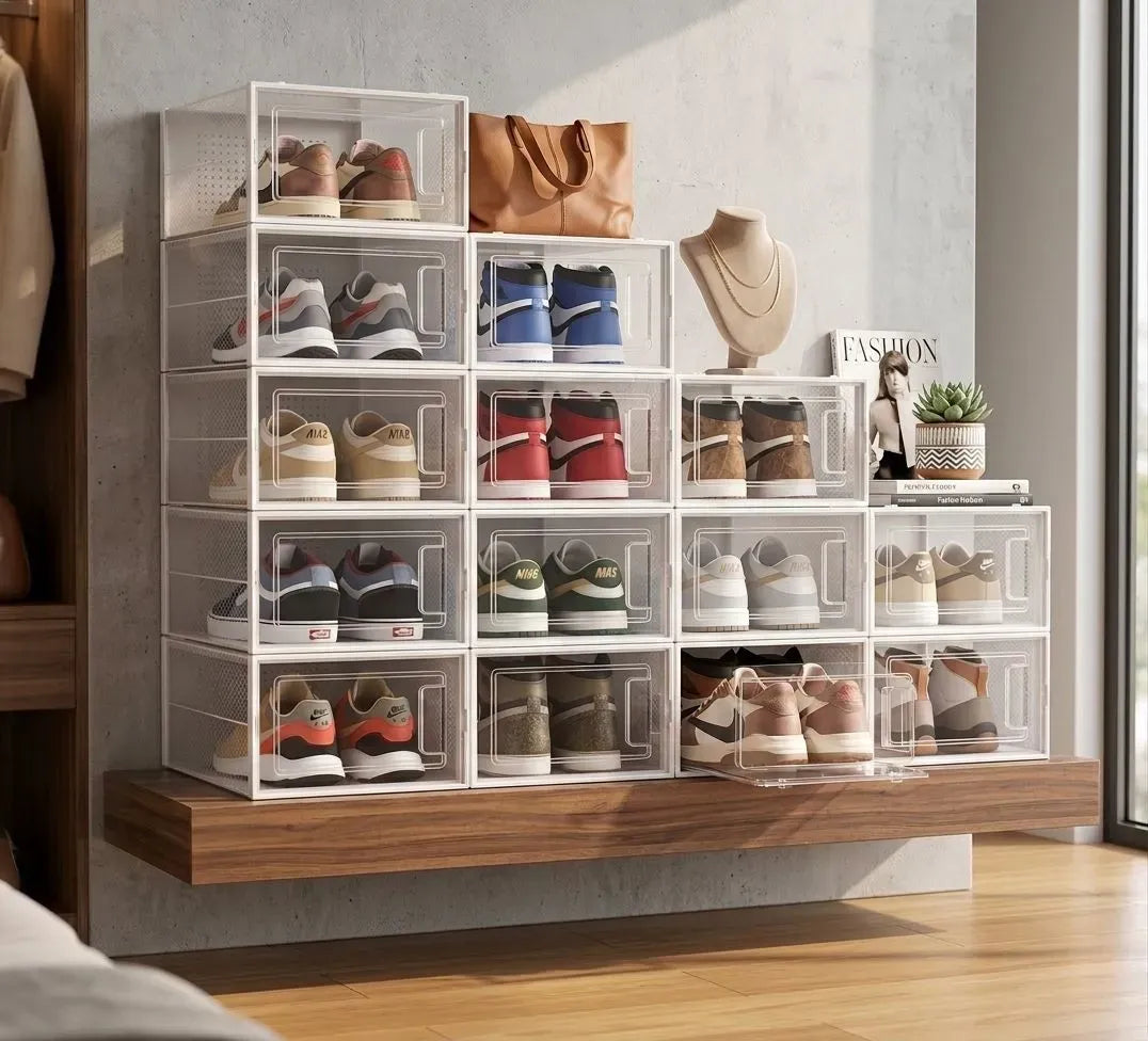 18-Pack Clear Stackable Shoe Storage Boxes with Drop-Front Door - White