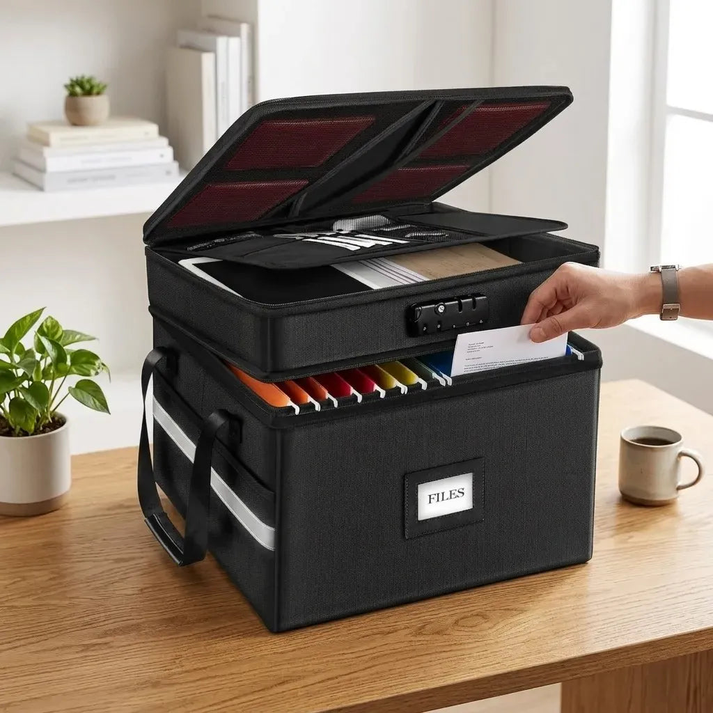 Fireproof Document Box with Lock and Hanging File Storage - Black Fabric
