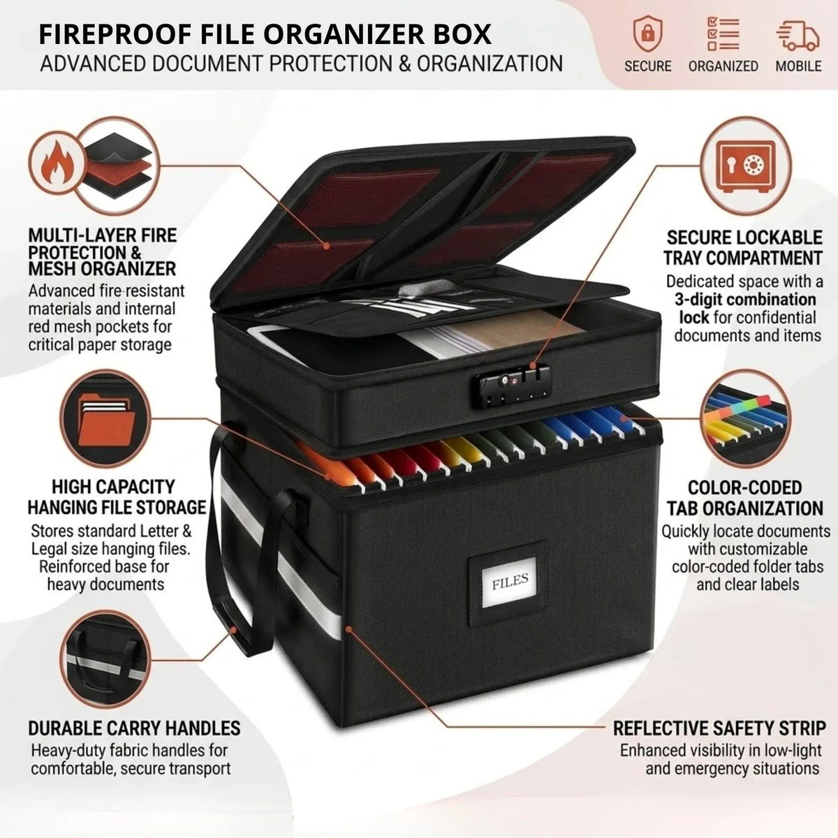 Fireproof Document Box with Lock and Hanging File Storage - Black Fabric