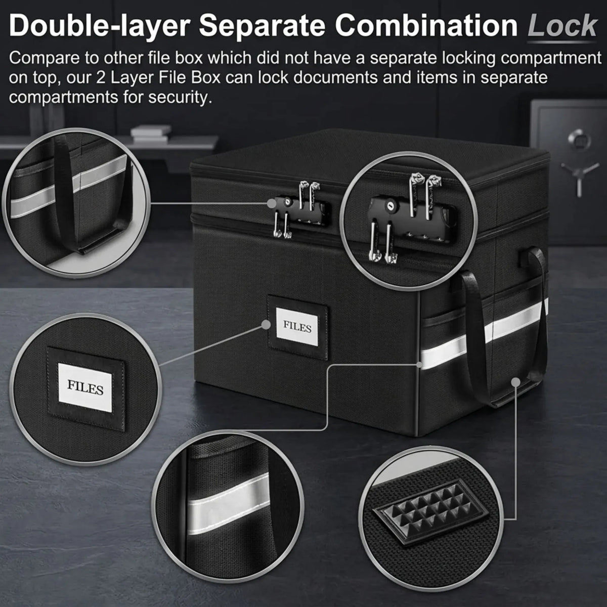 Fireproof Document Box with Lock and Hanging File Storage - Black Fabric