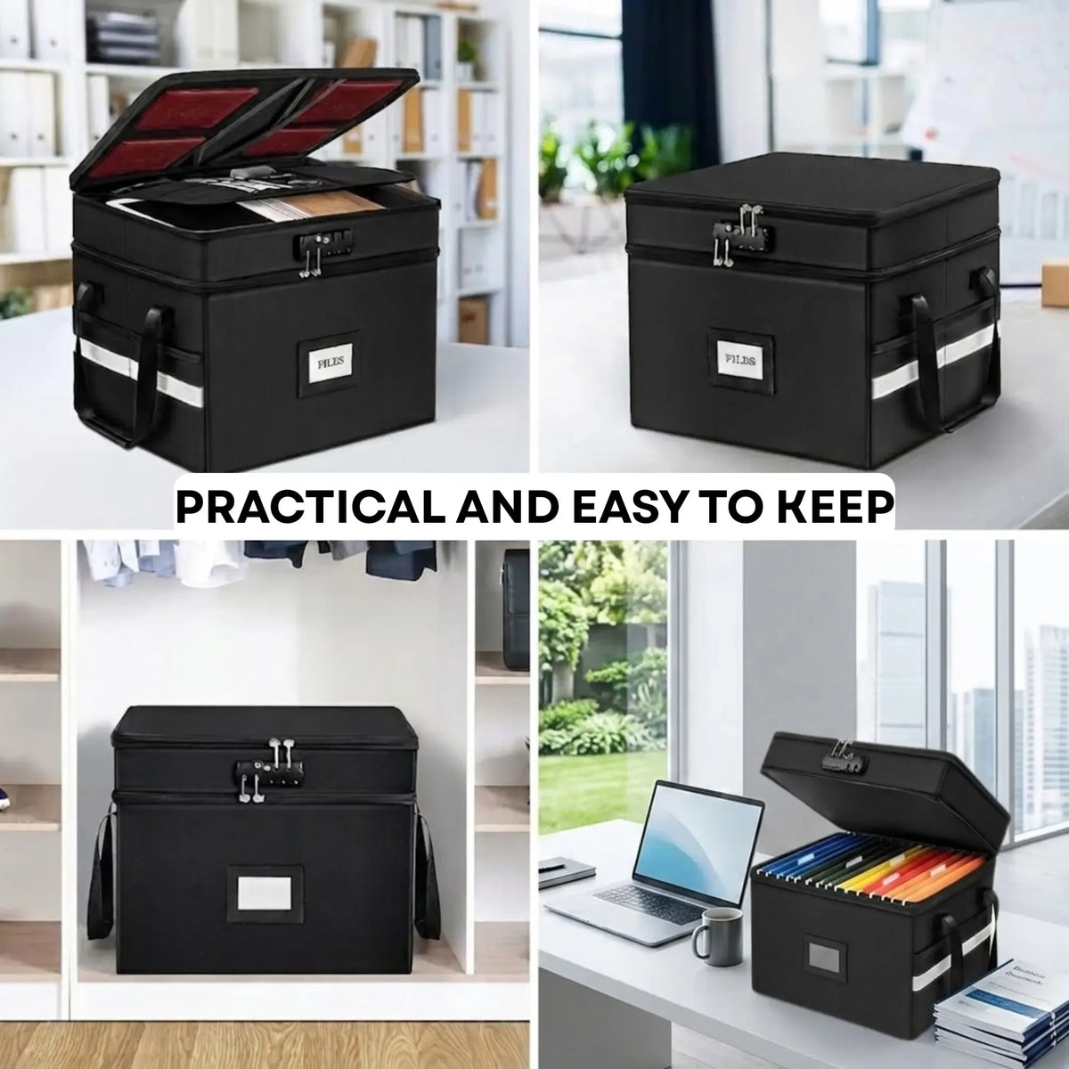 Fireproof Document Box with Lock and Hanging File Storage - Black Fabric