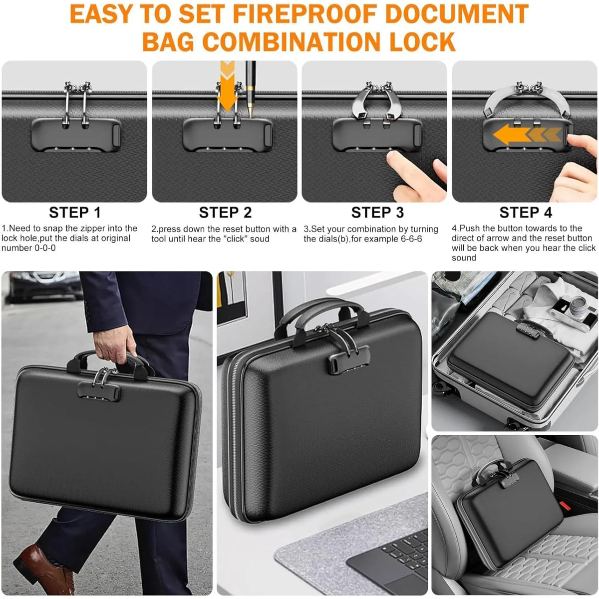Fireproof Document Box with Lock and Hard Glass Fibre Shell - Black