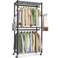 Double Rail Garment Rack with Shelves and Lockable Wheels - Black