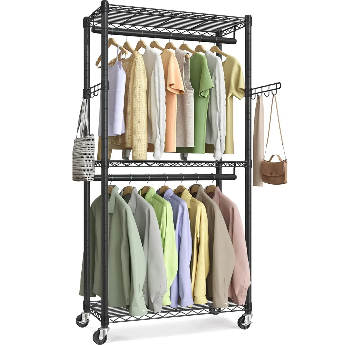 Double Rail Garment Rack with Shelves and Lockable Wheels - Black