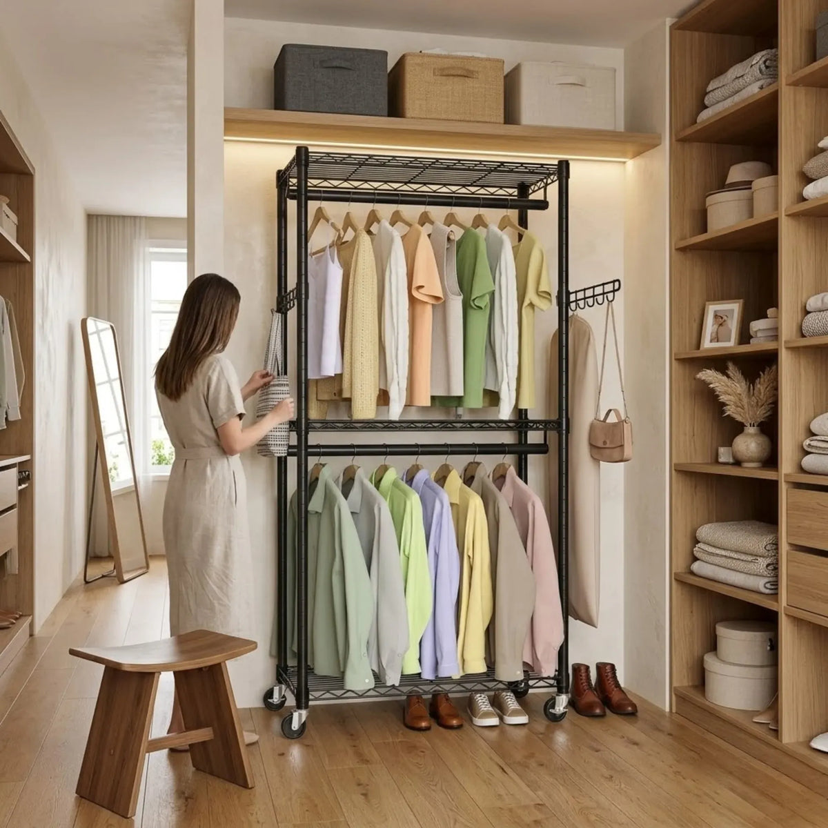 Double Rail Garment Rack with Shelves and Lockable Wheels - Black